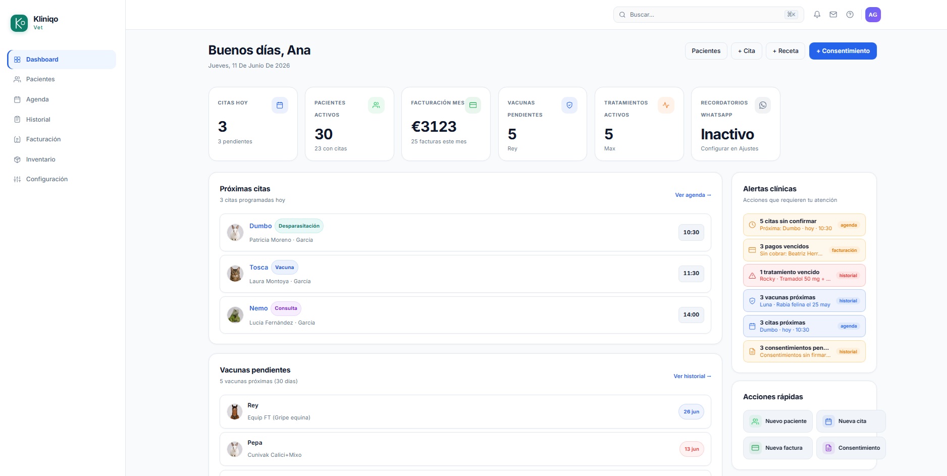 Kliniqo Vet — Dashboard real